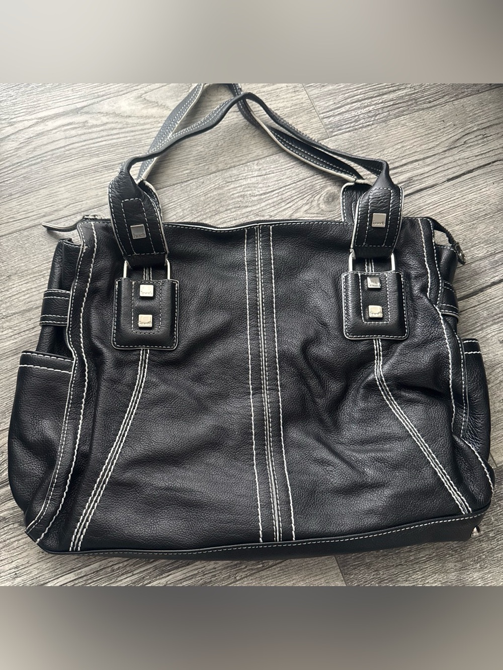 Tignanello Black Leather Tote Bag with White Stitching